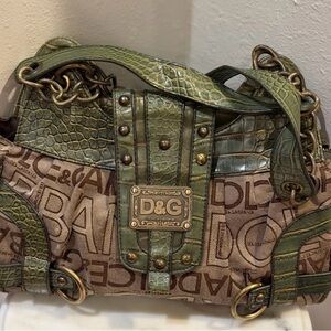 Dolce and Gabbana Vintage Olive Green Croc-Accent Logo satchel